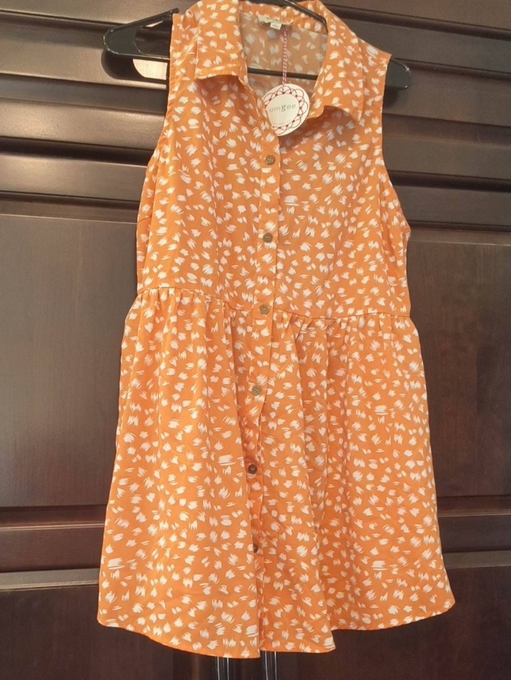 Umgee Orange Collared Sleeveless Button-Front Girls' Dress with White Print